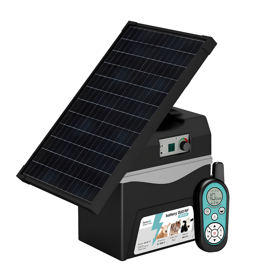Elektriskais gans Fencee Battery DUO RF BDX50 5 J ar pulti un 30 W saules paneli